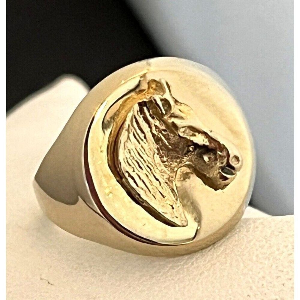 Vintage 1980s Horse Head Signet Ring Gold Tone Adjustable Equestrian - 2D - Picture 6 of 7